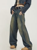 lovefery Vintage Washed Old High Street Side Striped Jeans Women's Loose Wide Leg Slim Pants Women's Jeans