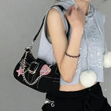 LoveFery - Y2k Cool Shoulder Bag for Women Heart Letter Star Applique Chain Black Handbag Hip Hop Punk High Quality Cute Underarm Bag