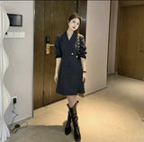 lovefery Korean Chic Solid Short Dresses for Women  Autumn New Fashion Long Sleeve Notched Slim Office Lady A-line Female Clothing