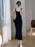 lovefery Korea Summer New Women White Elegant V-neck Knit Slip Long Dress French Black Sexy Club Slim Prom Evening Party Fishtail Dresses