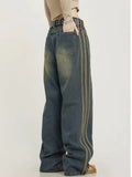 lovefery Vintage Washed Old High Street Side Striped Jeans Women's Loose Wide Leg Slim Pants Women's Jeans