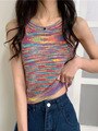 lovefery Colorful Striped Summer Tanks Tops Women Korean Rainbow Sleeveless Shirts Top O-Neck Slim Knitted Top Slim Sexy Streetwear