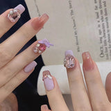 24pcs Wearable Pink Press On Fake Nails Tips With Glue false nails design Butterfly Lovely Girl false nails With Wearing Tools