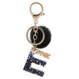 LoveFery - Black Pompom Letter Keychain Glitter Gradient Resin A-Z Initials Alphabet Keyring Pendant Women Handbag Phone Decorative Gift