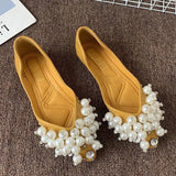 lovefery Elegant Ladies Pointed Flat Shoes 2024 Spring Shallow Water Drill Pearl Buckle Soft Bottom Plus Size Comfortable Women's Shoes