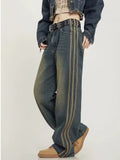 lovefery Vintage Washed Old High Street Side Striped Jeans Women's Loose Wide Leg Slim Pants Women's Jeans