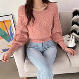 Autumn Raglan Long Sleeve Solid Color Tops Fashion Square Collar Knitted Pullover Casual Chic Slim Sweater Sueter Mujer