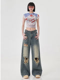 lovefery High Street Perforated Jeans Women's Summer New INS Fashion Brand Straight Tube Loose Sweeping Wide Leg Pants Women's Jeans