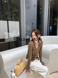 lovefery  Autumn V-Neck Knitted Cardigan Women Pure Color Casual Long Sleeve Slim Sweater Office Lady Y2k Crop Tops Female Korean