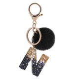 LoveFery - Black Pompom Letter Keychain Glitter Gradient Resin A-Z Initials Alphabet Keyring Pendant Women Handbag Phone Decorative Gift