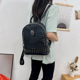 LoveFery - Soft PU Leather Women Backpack Punk Rock Skull Designer Handbags Female Backpack Black Rivet Backpack WHDV2095