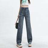 lovefery High End Denim Women's Summer Raw Edge Stitching Design For Lifting Buttocks And Slimming Straight Wash Pants