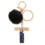 LoveFery - Black Pompom Letter Keychain Glitter Gradient Resin A-Z Initials Alphabet Keyring Pendant Women Handbag Phone Decorative Gift