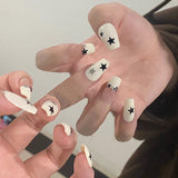 24pcs y2k Fake Nails Black White Star Printed Press on Nail Tips Long Coffin European Artificial Nail Patch for Girl Women