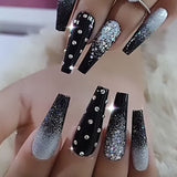 24Pcs Pink Flower Wearable False Nail Tips Long Square Fake Nail with Rhinestone Design Acrylic Coffin Full Cover Press on Nails