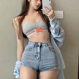 lovefery Blue Denim Shorts Women Sexy High Waist Buttons Pockets Slim Fit Shorts  Summer Beach Streetwear Jeans Shorts