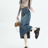 lovefery Retro Denim Skirt For Women Spring And Autumn New Summer Mid Length Slim A-line Split Long Skirt Skirt