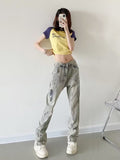 lovefery Yellow Mud Color Street Zippered Jeans  Women's High Street Trendy Straight Leg Pants  Slimming Micro Flared Pants