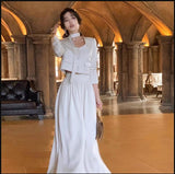 lovefery French White Long Sleeve 2 Piece Set for Women Autumn New Elegant Fashion Short Top High Waist Long Skirt Suit Female Clothing