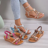 lovefery Women Wedge Sandals Summer Bohemia Rhinestones Casual Platform Sandals Female Peep Toe Outdoor Beach Shoes обувь женская летняя