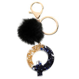 LoveFery - Black Pompom Letter Keychain Glitter Gradient Resin A-Z Initials Alphabet Keyring Pendant Women Handbag Phone Decorative Gift