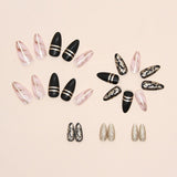 24Pcs Long Stiletto Press on Nails Box Acrylic False Nails with Almond Designs Black Gold Foil French Full Cover Fake Nail Tips