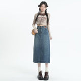 lovefery Retro Denim Skirt For Women Spring And Autumn New Summer Mid Length Slim A-line Split Long Skirt Skirt