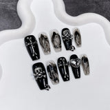 10Pcs Black Handmade Press On Nails Coffin Fake Nails Full Cover Gradient Metal Contrast Artificial Manicure Wearable Nail Tips