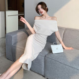 lovefery French Temperament Celebrity Wind Sexy Strapless Oblique Collar Dress Female Spring and Summer Slim Open Package Hip Long Dress