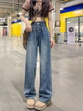 lovefery Retro Blue Distressed Korean Version High-waisted High-straight Design Loose Jeans