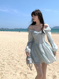 lovefery Long Sleeve Dress Female Blue Sweet A-Line Summer High Waist Vintage Slim Fairy Dress Princess Dress Sundress Beachwear Holiday Fairy Dress