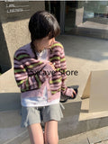 lovefery  Autumn Faux Fure Knitted Cardigan Women Casual Long Sleeve Button Kawaii Clothing Striped Sweater Female Korean Style Tops