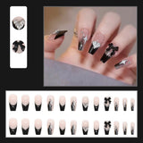 24Pcs Glitter Nails Set Press on With Glue Black Heart Design Fake Nails Detachable False Nails Full Cover Nail Tips for Girls