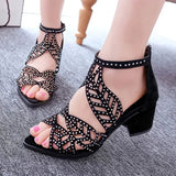 lovefery New Style Women Summer Rhinestone Hollow Out Faux Leather Thick Heel Zipper Sandals Shoes Sexy Plus Size Ladies Sandals