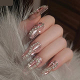 24Pcs Long Coffin Fake Nails Rhinestone Designs Glitter Sequins Ballerina Press on Nails Pink Ballet Wearable False Nails