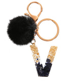 LoveFery - Black Pompom Letter Keychain Glitter Gradient Resin A-Z Initials Alphabet Keyring Pendant Women Handbag Phone Decorative Gift