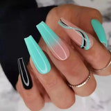 24Pcs French False Nails Wave Line Design Ballet Fake Nails Long Wearable Coffin Press on Nails Full Cover Manicure Tips