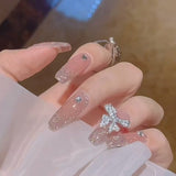 24Pcs Wearable False Nails with Glue Glitter Heart-shaped Rhinestone Design Full Cover Nail Tips Acrylic Fake Nails Press on