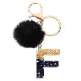 LoveFery - Black Pompom Letter Keychain Glitter Gradient Resin A-Z Initials Alphabet Keyring Pendant Women Handbag Phone Decorative Gift