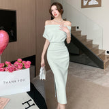 lovefery French Temperament Celebrity Wind Sexy Strapless Oblique Collar Dress Female Spring and Summer Slim Open Package Hip Long Dress