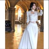 lovefery French White Long Sleeve 2 Piece Set for Women Autumn New Elegant Fashion Short Top High Waist Long Skirt Suit Female Clothing