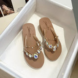 lovefery New Ins Rhinestone Chain Thick-soled Flip-flops Women Wear Beach Holiday Sandals and Slippers with Wedges Outside Summer.