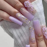 24pcs Long White Coffin False Nail French Cubic Pink Flower Rhinestone Fake Nails Waterproof Removable Press on Nail with Tools