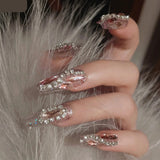 24Pcs Long Coffin Fake Nails Rhinestone Designs Glitter Sequins Ballerina Press on Nails Pink Ballet Wearable False Nails