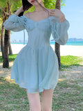 lovefery Long Sleeve Dress Female Blue Sweet A-Line Summer High Waist Vintage Slim Fairy Dress Princess Dress Sundress Beachwear Holiday Fairy Dress