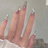 24pcs Bridal Nail Art tips with design press on nails long false nails glue coffin nail tips Rhinestones Glitter stick on nails