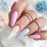 24Pcs Easter Long Coffin False Nails with Rabbit Chicken Designs Wearable Multicolor Ballet Press on Nails Full Cover Nail Tips