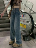 lovefery Retro Blue Distressed Korean Version High-waisted High-straight Design Loose Jeans