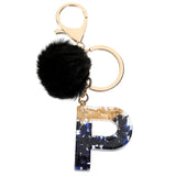 LoveFery - Black Pompom Letter Keychain Glitter Gradient Resin A-Z Initials Alphabet Keyring Pendant Women Handbag Phone Decorative Gift