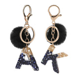 LoveFery - Black Pompom Letter Keychain Glitter Gradient Resin A-Z Initials Alphabet Keyring Pendant Women Handbag Phone Decorative Gift